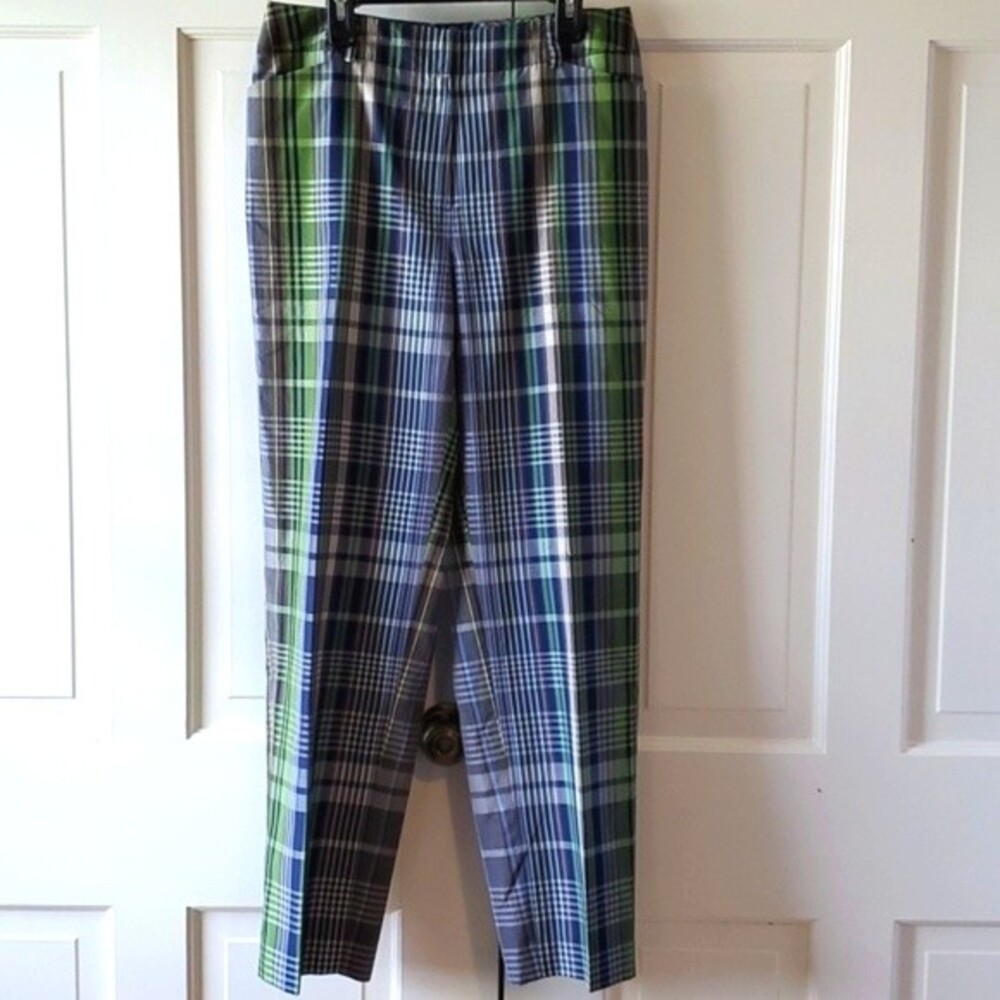 TALBOTS VINTAGE PLAID SILK COTTON BLEND PANTS HIGH RISE BLUE GREEN SIZE 6 FALL
